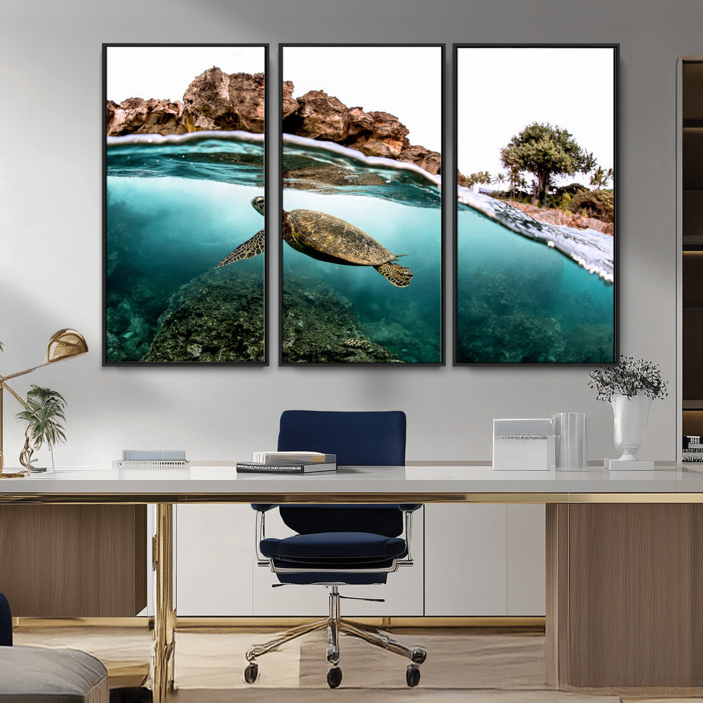 Dynamic split-view photo of a sea turtle swimming near rocky shores, perfect for vibrant coastal or tropical beach home decor.
