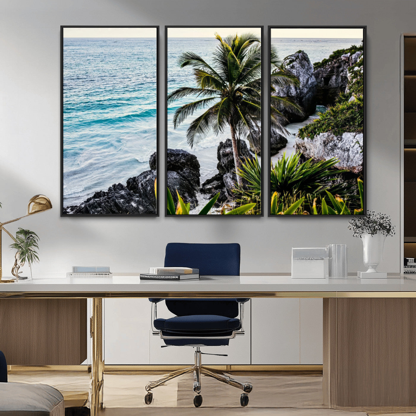 Framed canvas of a vibrant tropical coastline with palm trees, rocky cliffs, and turquoise waters, ideal for tropical coastal home decor.