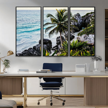 Framed canvas of a vibrant tropical coastline with palm trees, rocky cliffs, and turquoise waters, ideal for tropical coastal home decor.
