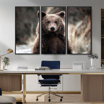 Canvas of a brown bear in soft earthy tones and moody forest light, ideal for rustic cabin or woodland nature-themed home decor.