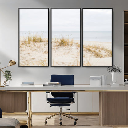 Canvas of soft beach dunes and coastal grasses in neutral tones, perfect for Scandinavian coastal or minimalist nature-inspired home decor.   2/2