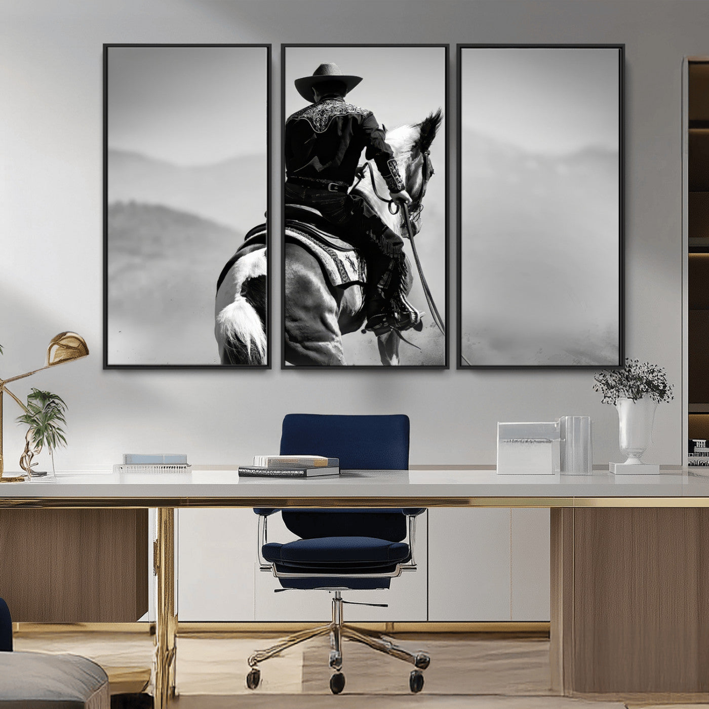 Black and white canvas of a cowboy on horseback with moody tones, perfect for rustic western or country-inspired home decor.