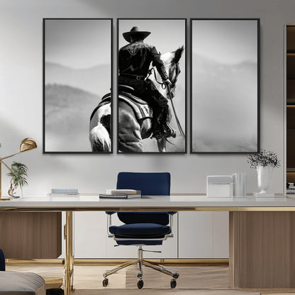 Black and white canvas of a cowboy on horseback with moody tones, perfect for rustic western or country-inspired home decor.