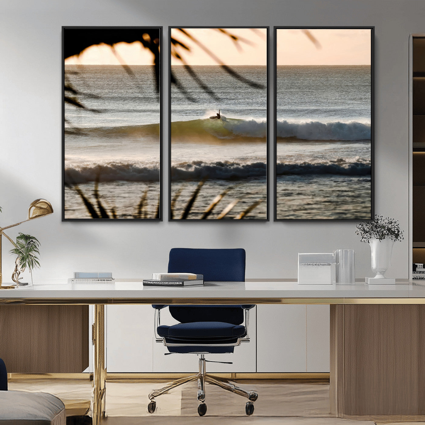 Photo of a surfer riding a golden hour wave at sunset, with tropical tones and dreamy light, perfect for tropical boho or coastal home decor.