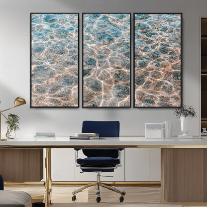 Close-up of sunlit ocean ripples with aqua blue and golden tones, ideal for modern coastal or minimalist home decor.