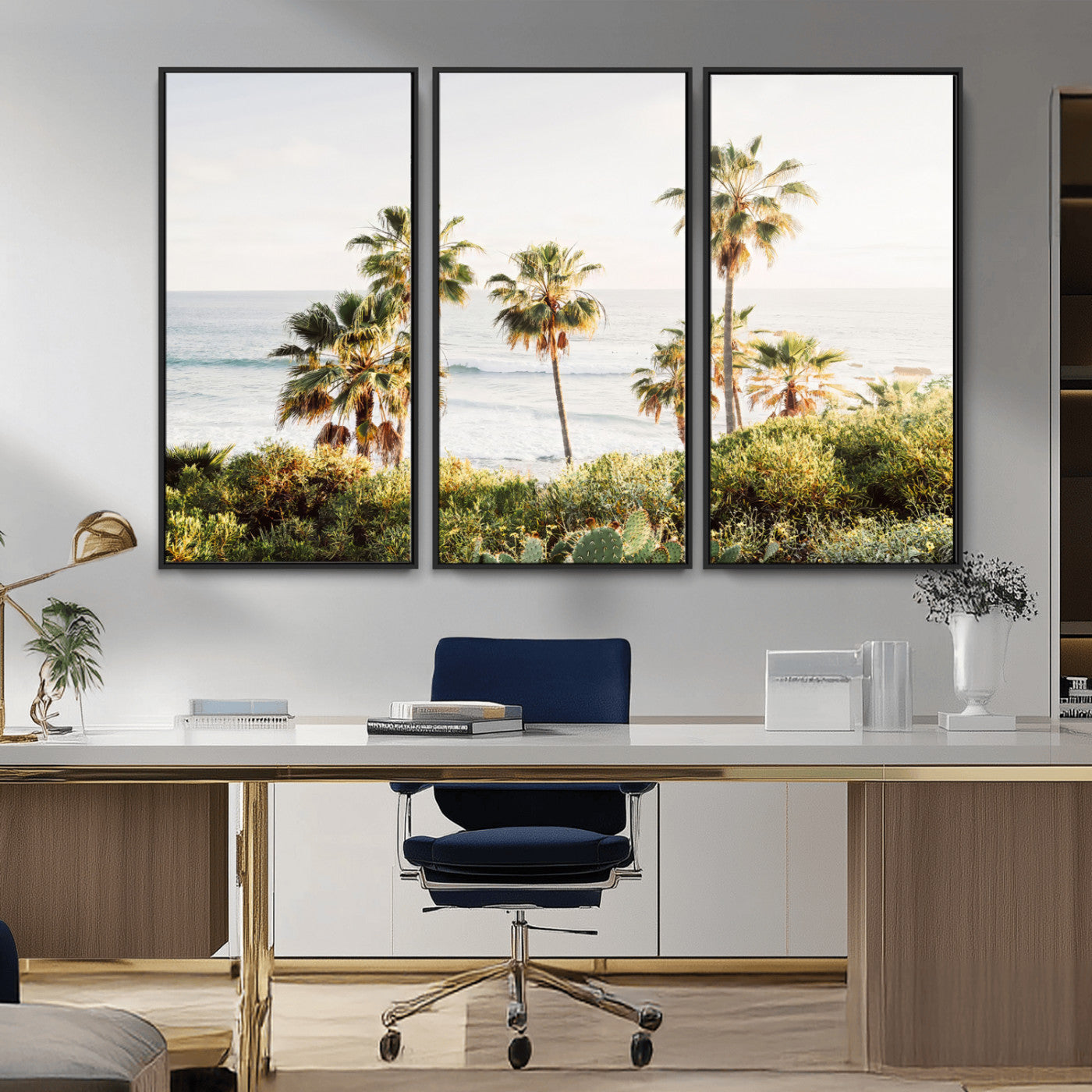 Framed print of sunlit palm trees on the California coast with warm tones, perfect for coastal minimalist or beach-style home decor.