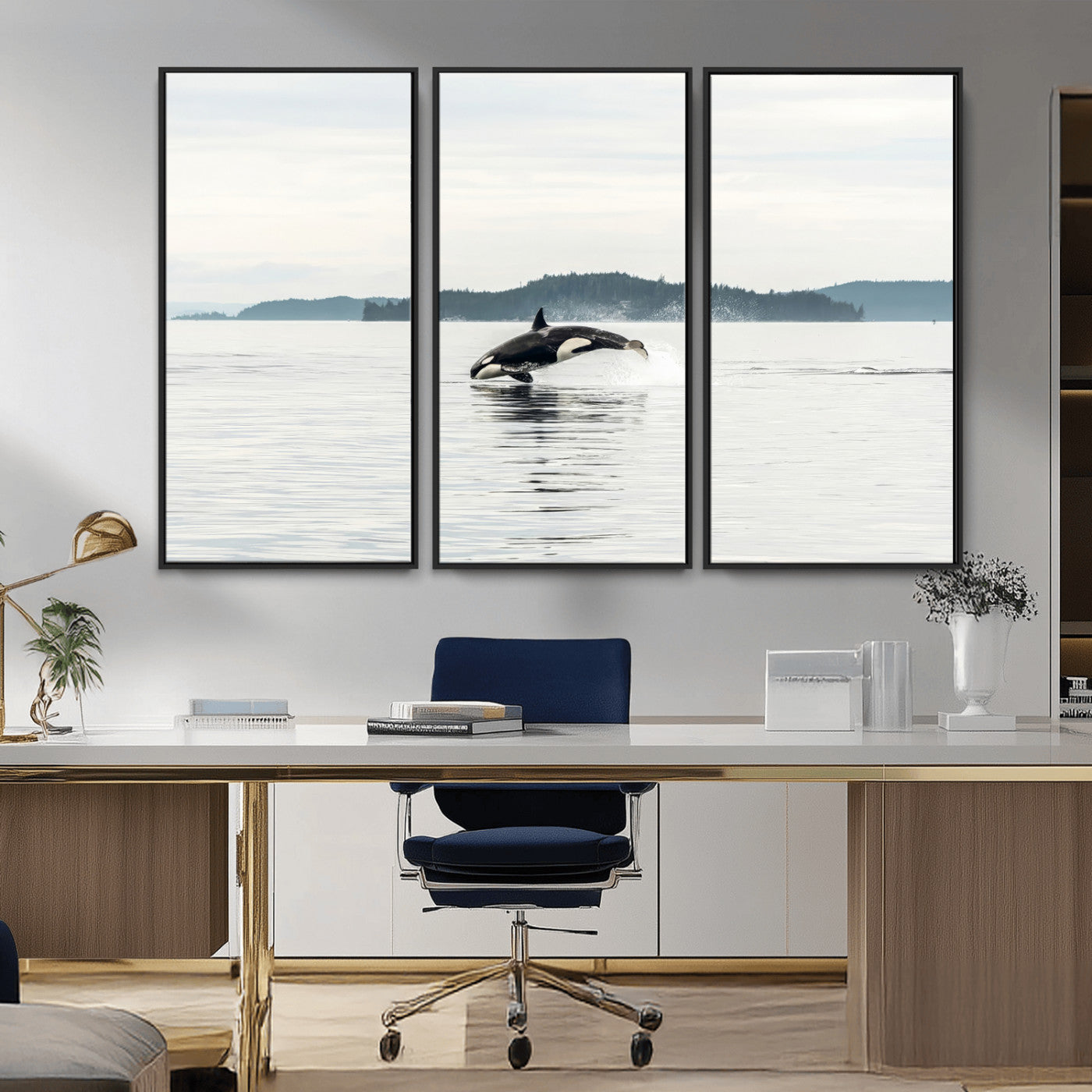 An orca jumping out of calm ocean waters with a misty island in the background, creating a serene and minimalist marine wildlife scene.