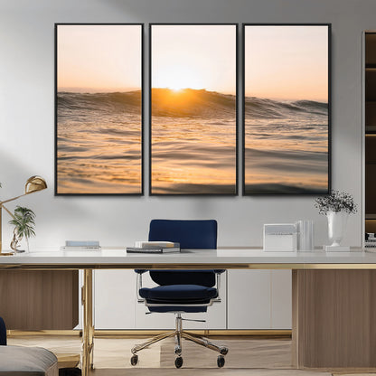 Ocean waves glowing under a warm golden sunset, reflecting soft light and calm movement, perfect for warm minimalist coastal interiors.