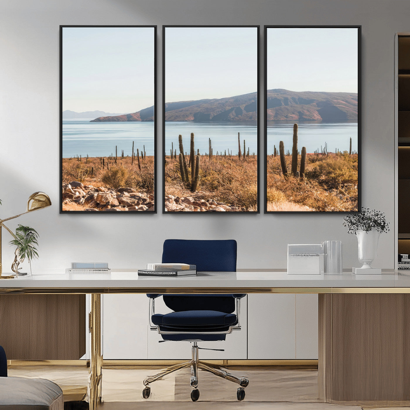 Warm desert landscape with cacti and coastal mountains, perfect for southwestern or earthy calm-themed home wall decor.