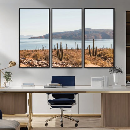 Warm desert landscape with cacti and coastal mountains, perfect for southwestern or earthy calm-themed home wall decor.