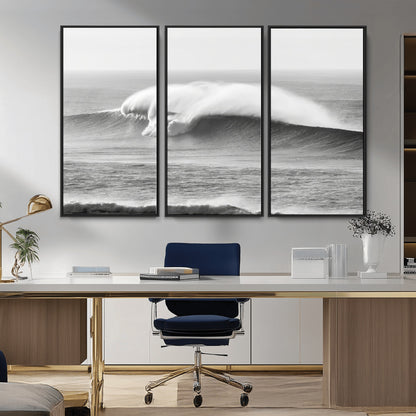 A dramatic black and white ocean wave crashing with immense force, capturing the raw power and movement of the sea in a bold seascape.