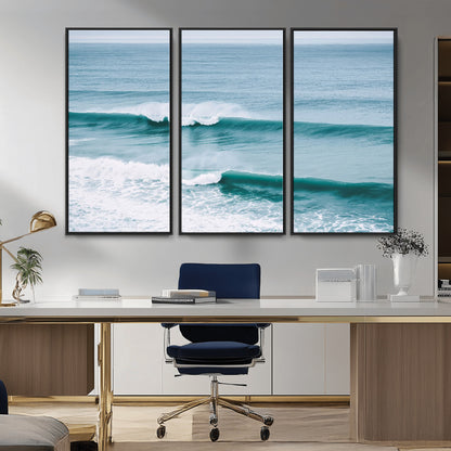 Powerful ocean waves rolling towards the shore, their turquoise hues blending with white sea foam under an open horizon, capturing the essence of the ocean's movement.