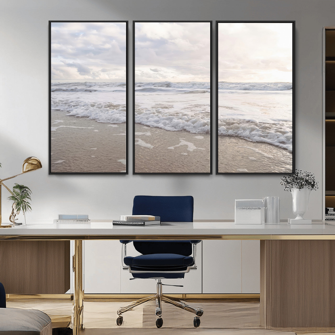 Peaceful ocean waves rolling onto the sandy shore under soft light, perfect for neutral or coastal minimalist decor themes.