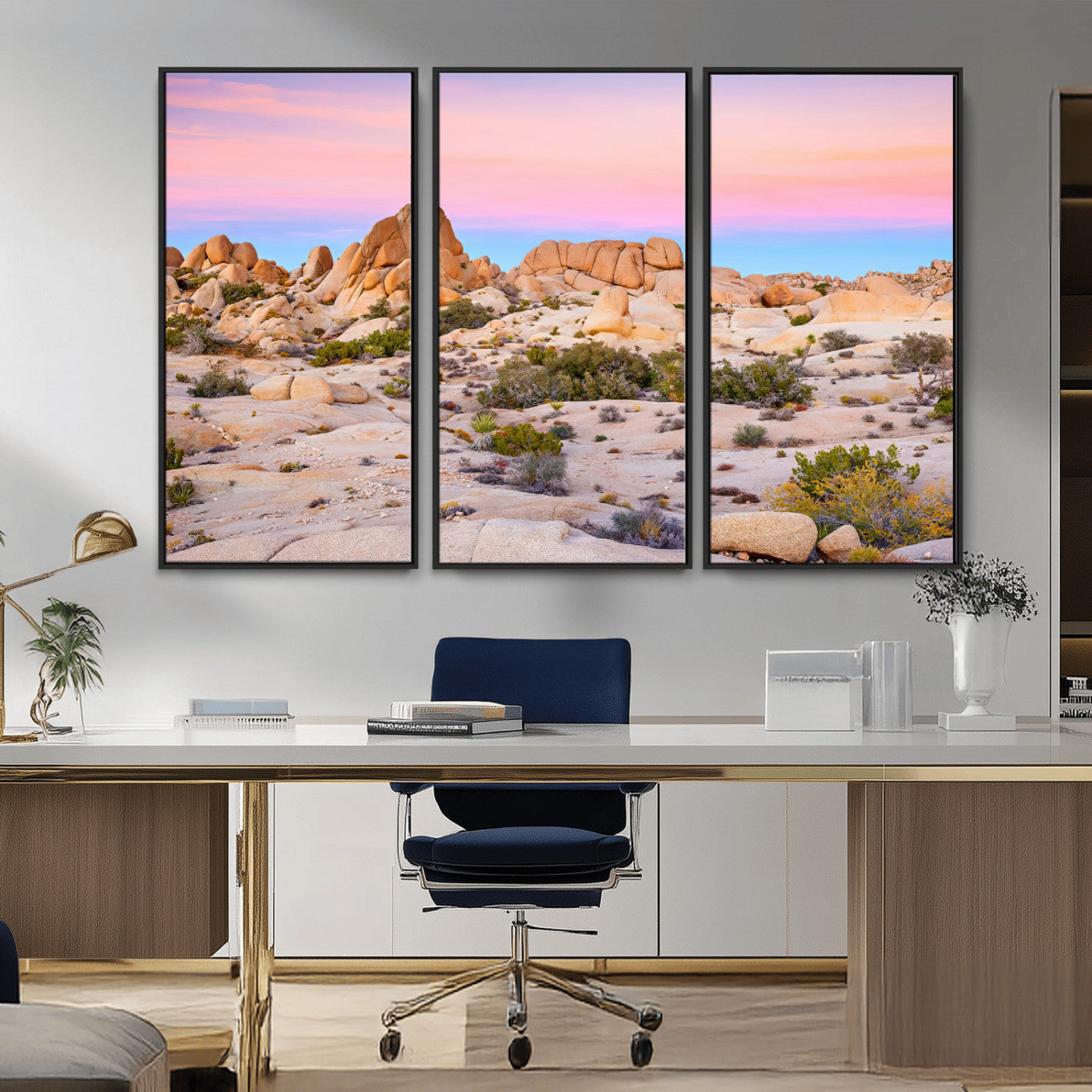 A breathtaking desert landscape featuring rugged rock formations under a vibrant pastel sunset sky, capturing the warmth and serenity of a Southwestern wilderness.