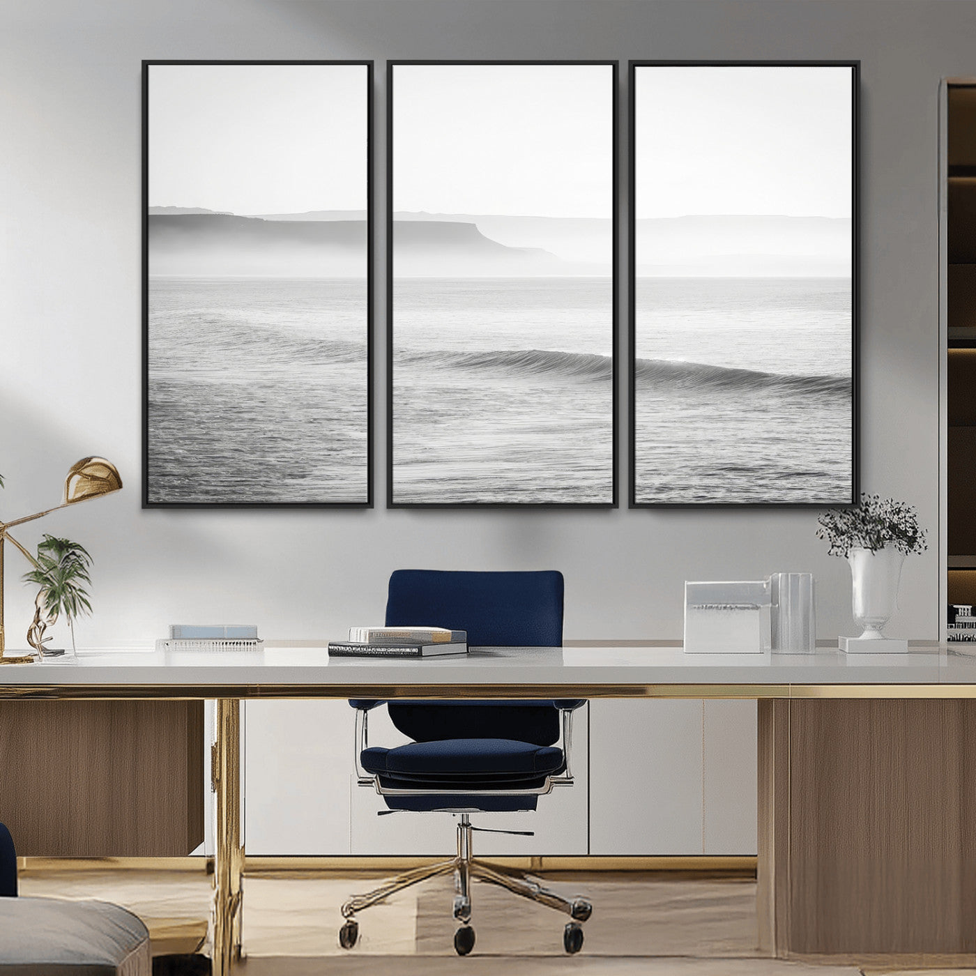 A black and white minimalist seascape featuring soft rolling waves and misty distant cliffs, creating a serene and timeless coastal atmosphere.