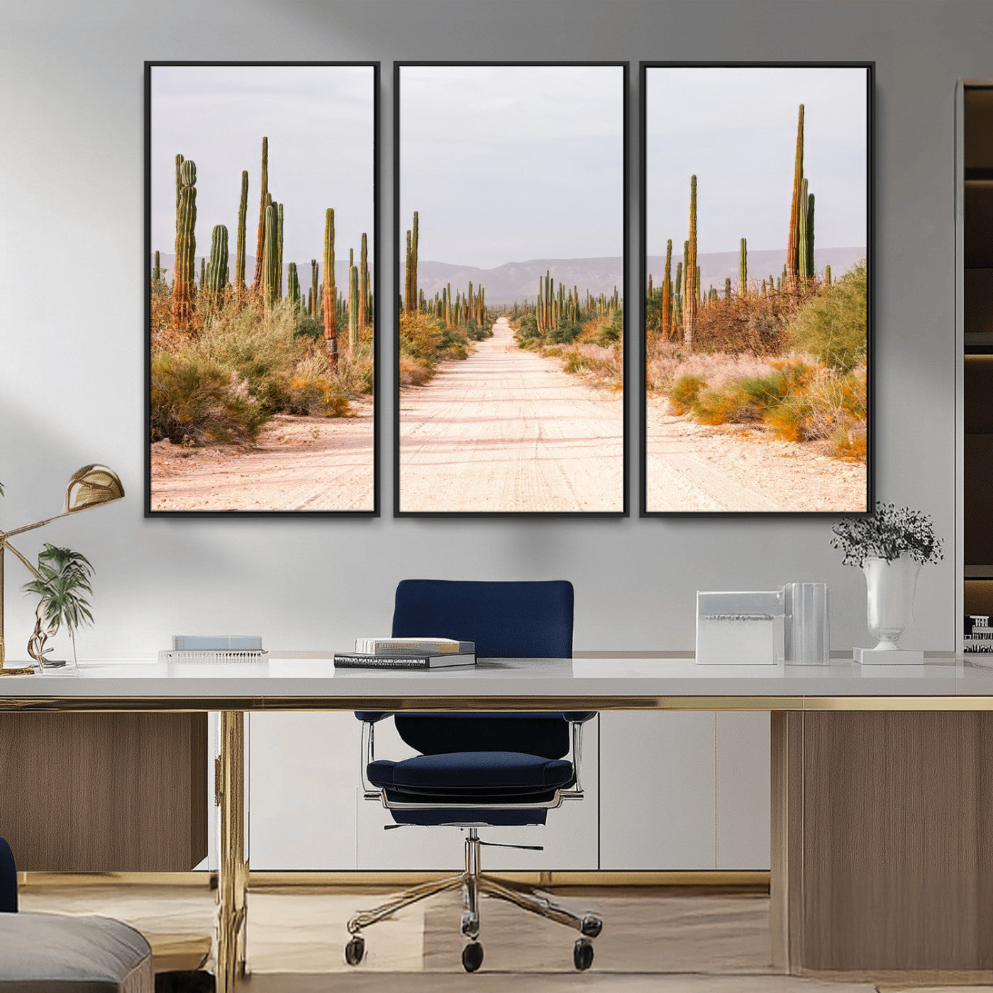 A desert road lined with saguaro cacti under a golden sky, creating a warm southwestern feel, perfect for boho or rustic decor.
