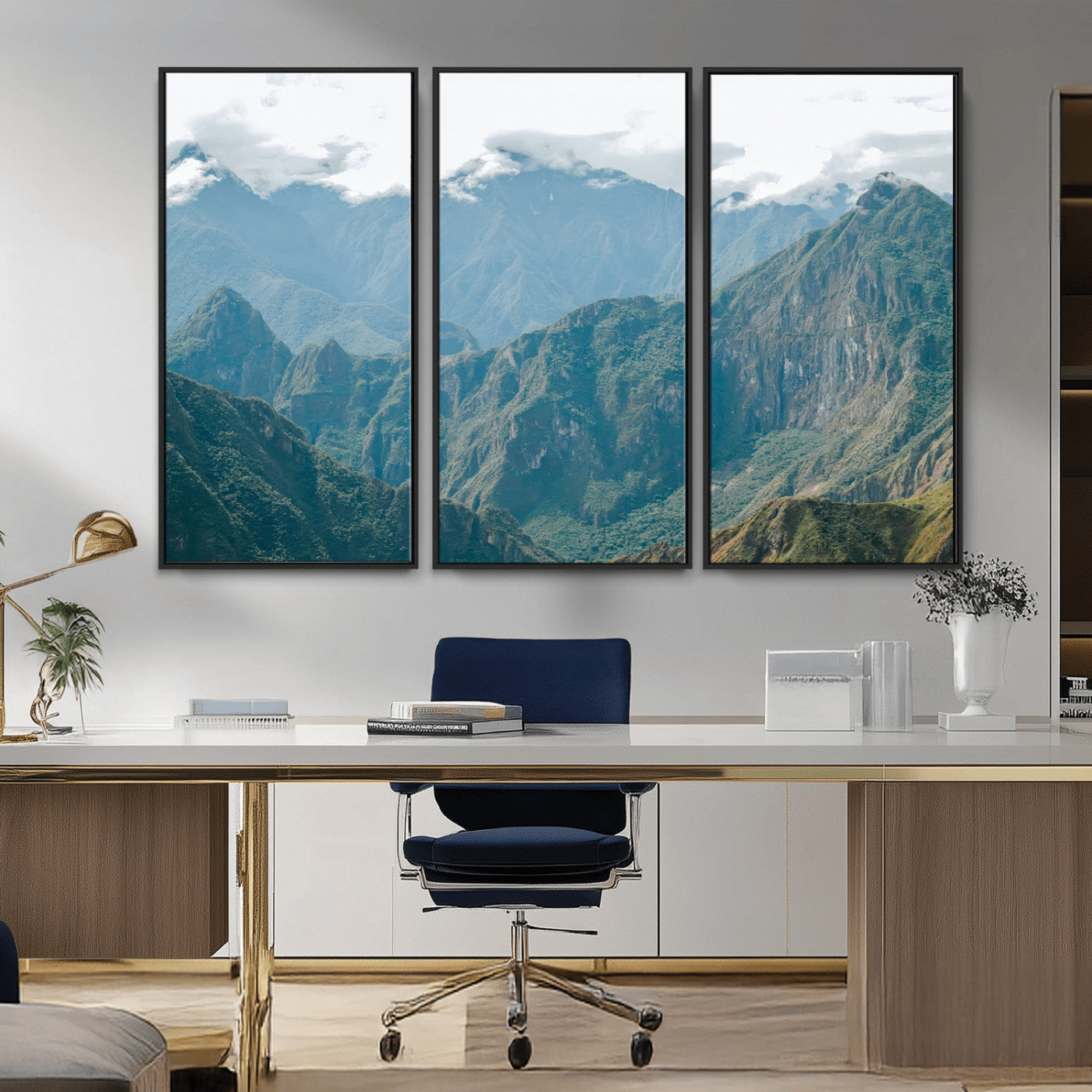 A misty mountain landscape with cloud-covered Andean peaks and lush green valleys, creating a dramatic and serene view, perfect for rustic or nature-inspired home decor.