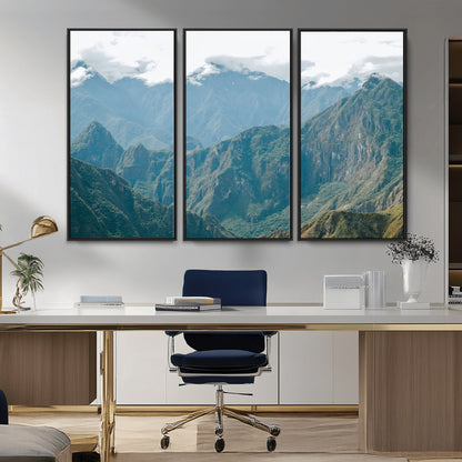 A misty mountain landscape with cloud-covered Andean peaks and lush green valleys, creating a dramatic and serene view, perfect for rustic or nature-inspired home decor.