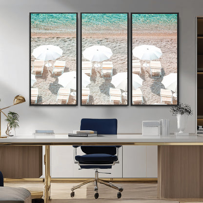A bright beach scene with white umbrellas, pastel sand, and turquoise waters, creating a tranquil coastal vibe, perfect for beach house or summer decor.