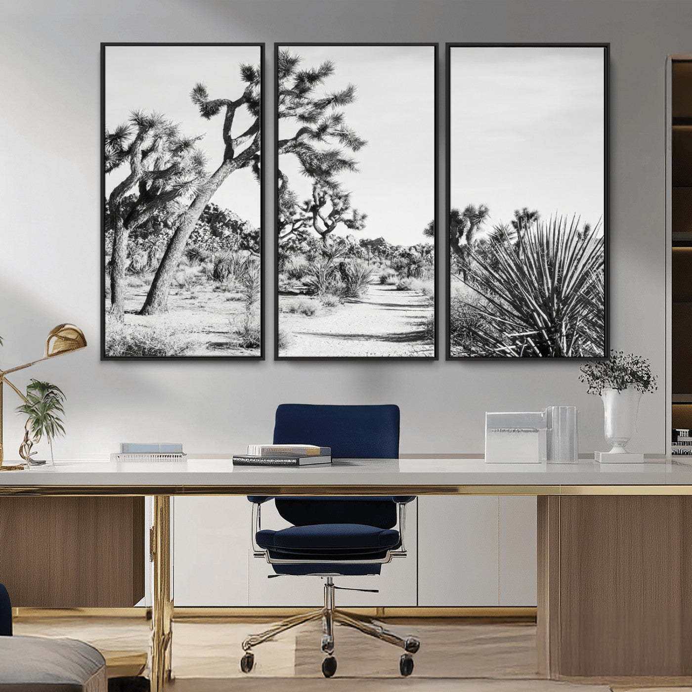 Canvas of a Joshua Tree forest in black and white tones, featuring a desert path and spiky vegetation, ideal for minimalist or rustic decor.