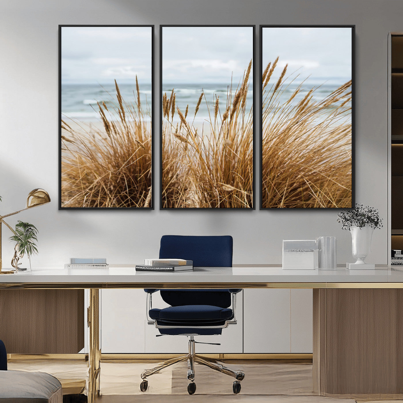Canvas of golden beach grass swaying by the ocean under a soft cloudy sky, perfect for neutral-toned or coastal minimalist decor.