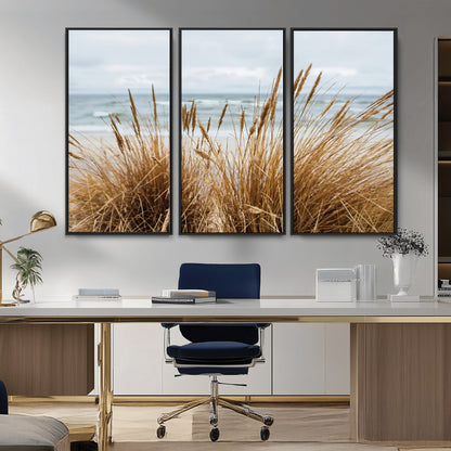 Canvas of golden beach grass swaying by the ocean under a soft cloudy sky, perfect for neutral-toned or coastal minimalist decor.