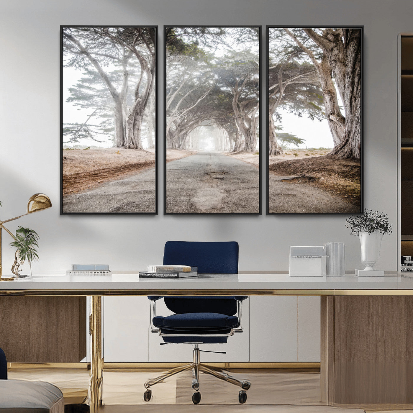 Canvas of a misty tree tunnel with arching cypress trees and an earthy road, ideal for rustic or coastal nature decor.