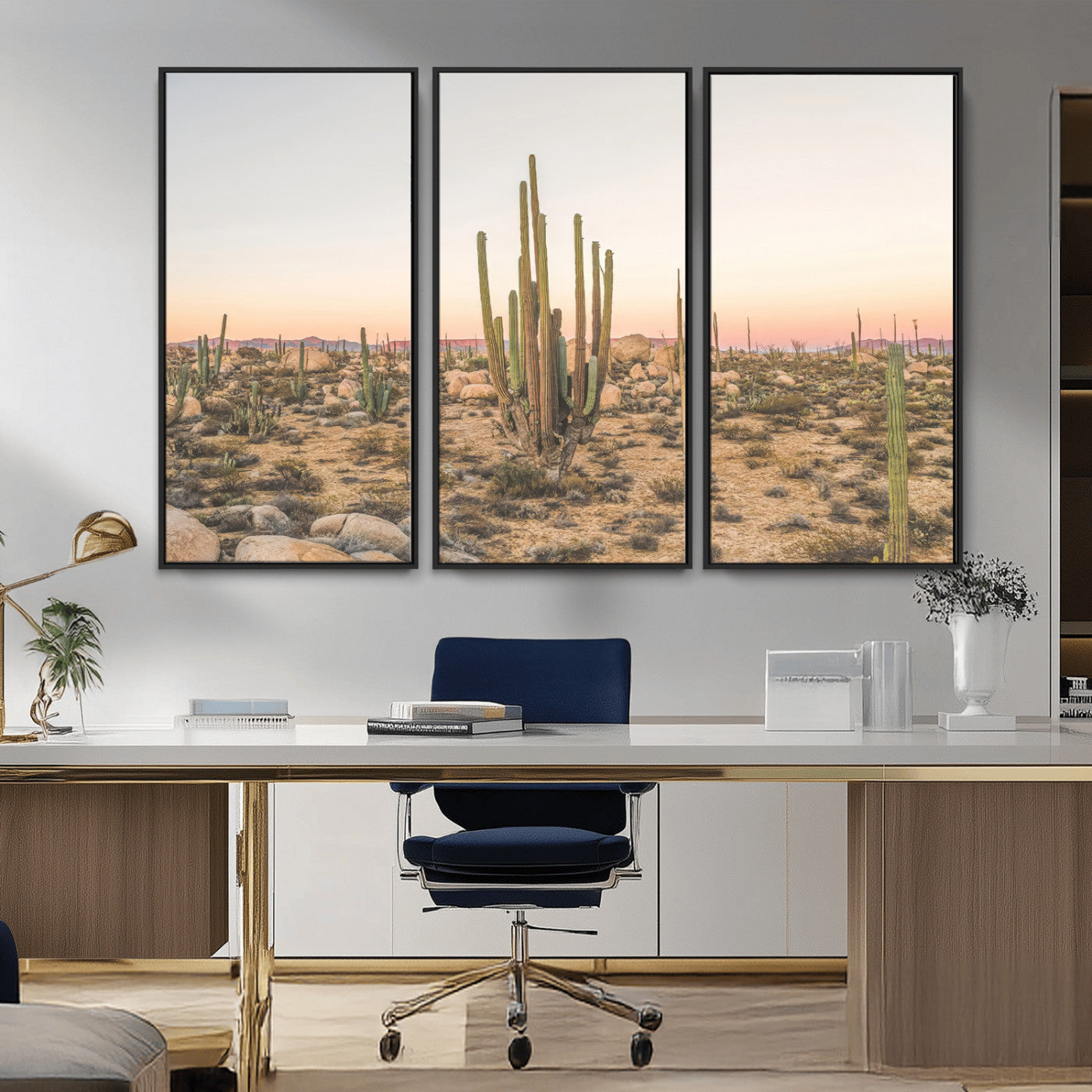 Canvas of tall desert cacti in warm sunset tones over a rocky Baja landscape, ideal for earthy or Southwestern-style home decor.
