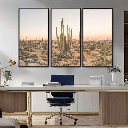 Canvas of tall desert cacti in warm sunset tones over a rocky Baja landscape, ideal for earthy or Southwestern-style home decor.