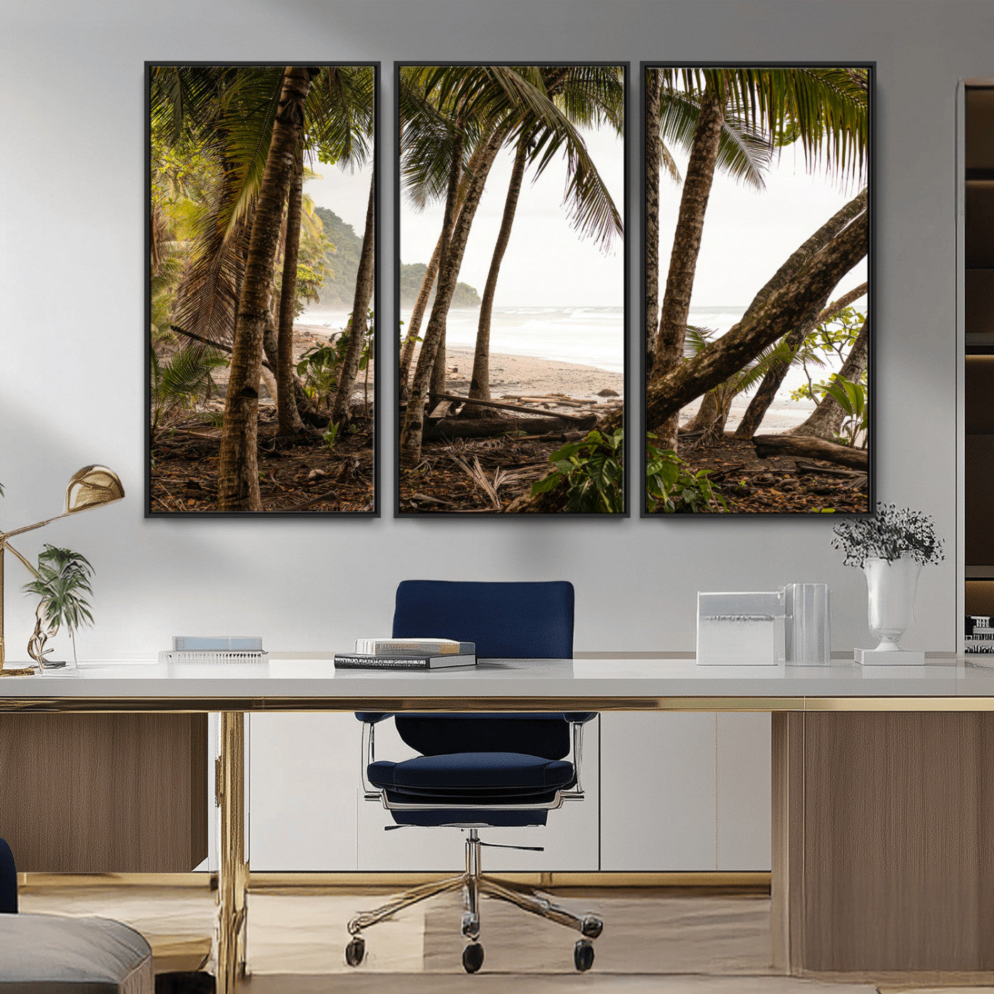 Dense tropical palm trees framing a sandy beach and ocean shore, ideal for jungle or coastal themed interior wall decor.