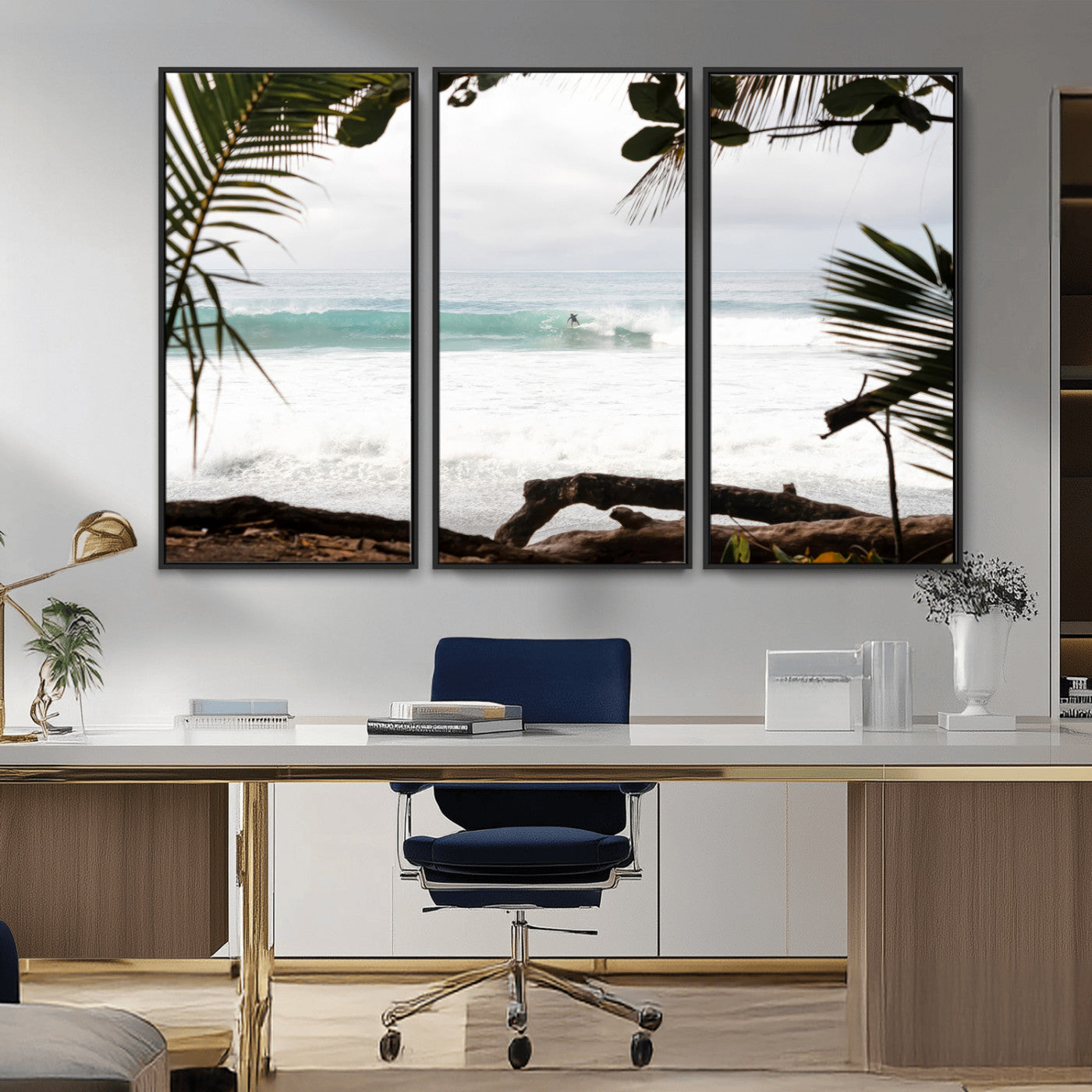 Tropical beach view with palm trees and surfer riding a wave, perfect for boho or coastal-inspired interior wall decor.
