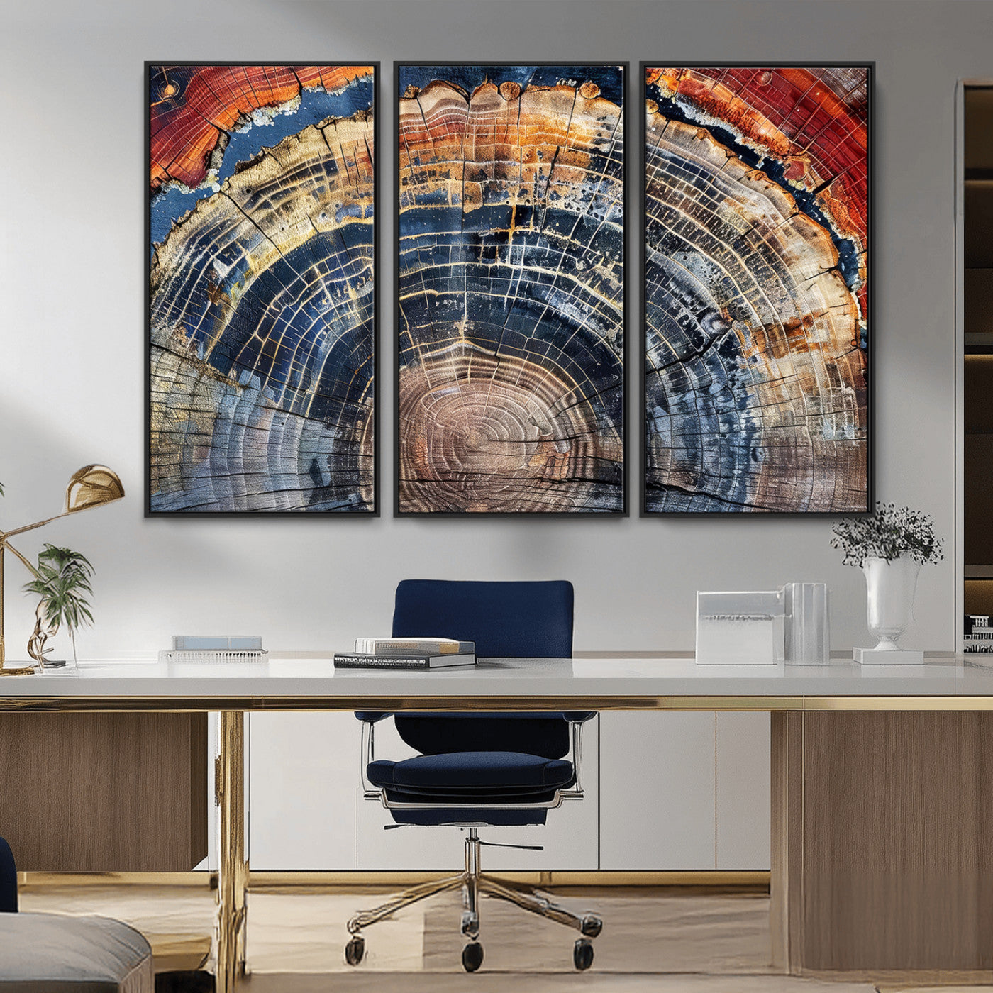 Vibrant tree ring with orange, brown, and blue tones in abstract detail, perfect for rustic or boho-inspired wall decor.