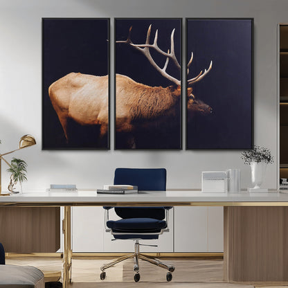 Side view of a majestic elk with large antlers against dark background, perfect for rustic lodge or cabin style home decoration.