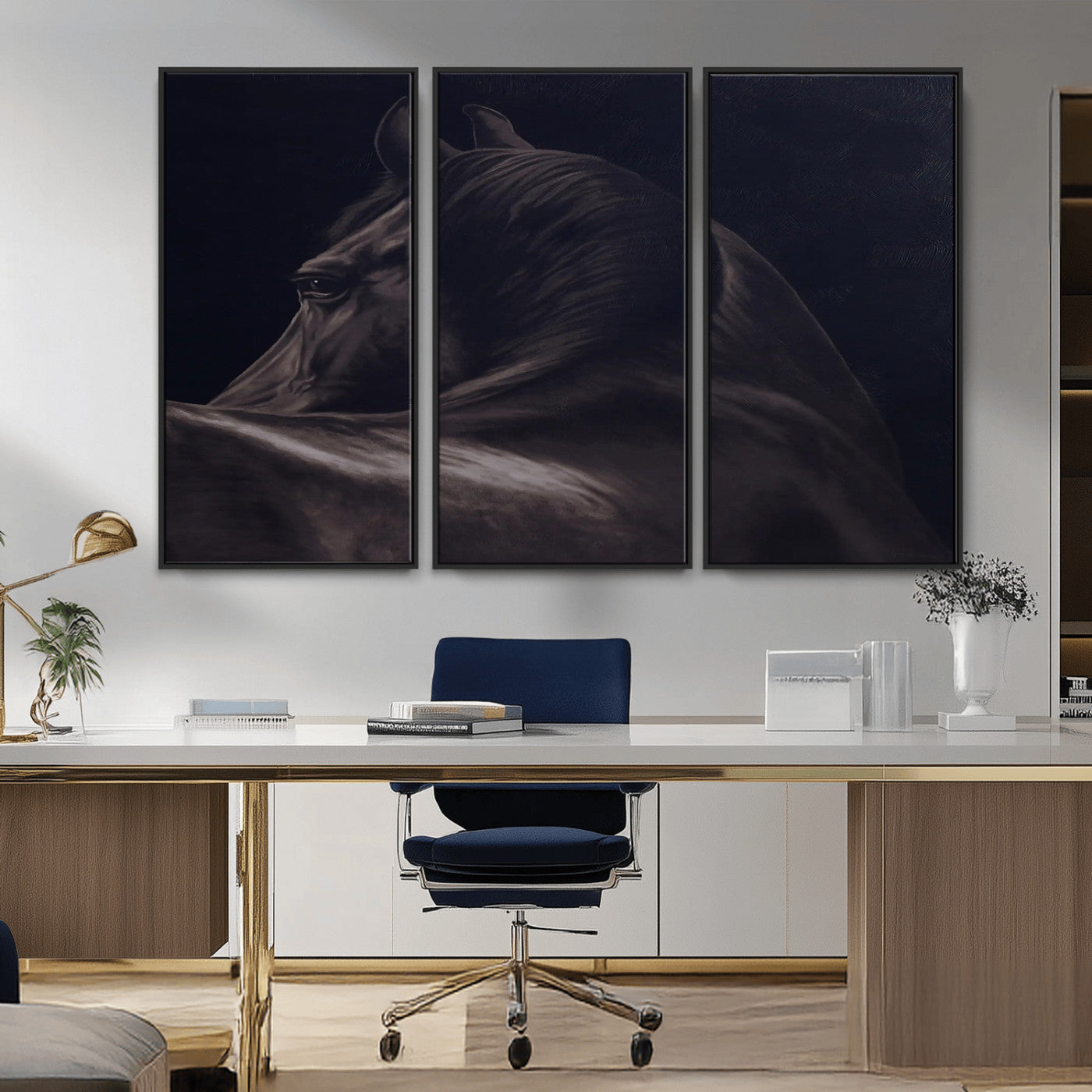 Close-up of a black horse with dramatic lighting on a dark background, perfect for rustic or masculine home decor.