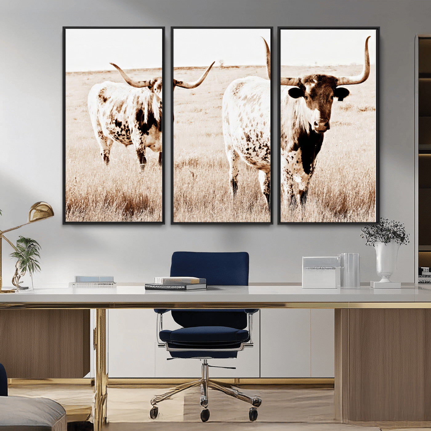 Two Texas longhorn cows standing in a sepia-toned pasture, evoking rustic charm perfect for farmhouse or western country interiors. (