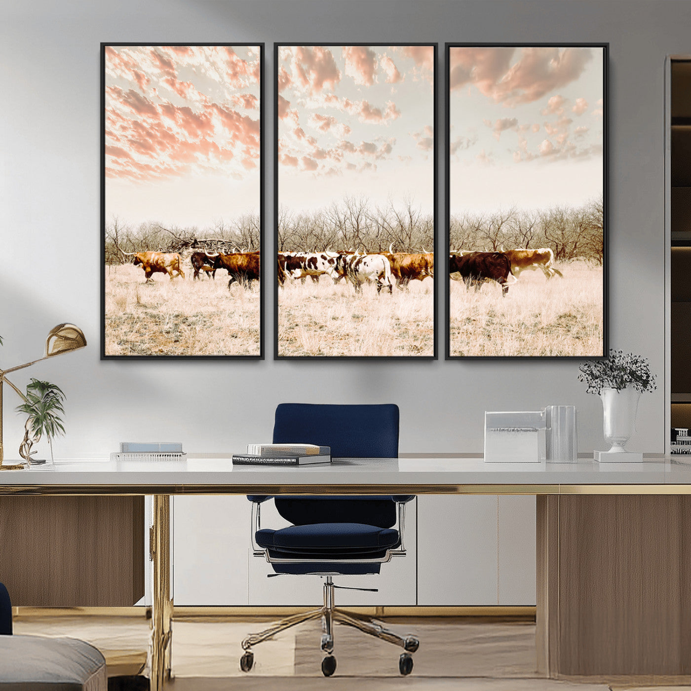 Cattle herd in a soft-toned field under a pastel pink sky, creating a peaceful rustic feel, perfect for farmhouse or western-themed spaces.