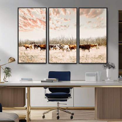 Cattle herd in a soft-toned field under a pastel pink sky, creating a peaceful rustic feel, perfect for farmhouse or western-themed spaces.