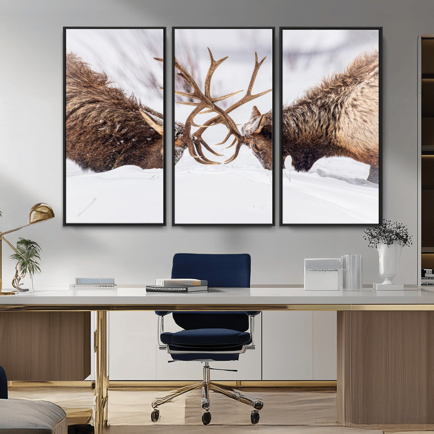 Two elk clashing antlers in a snowy forest, capturing raw power and wild energy, ideal for rustic cabin or lodge-style decor.