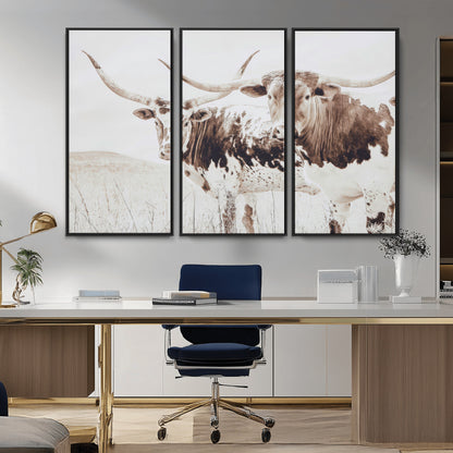 Two longhorn cows standing in a sepia-toned pasture with soft light, ideal for rustic or farmhouse-themed neutral wall decor.