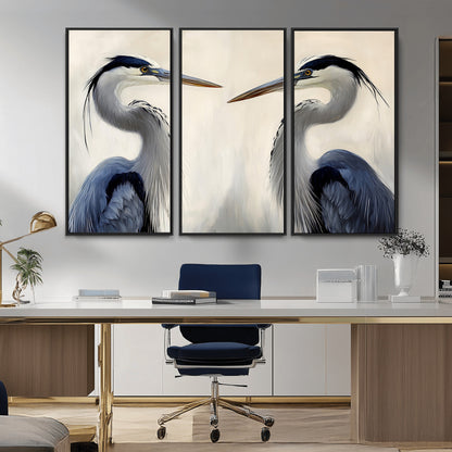 Two blue herons facing each other on a soft neutral background, ideal for coastal, tranquil, or nature-inspired minimalist interiors.