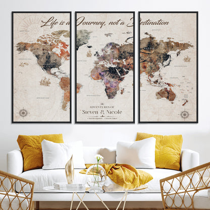 96000140-MGV-CV-36X24-Custom Push Pin World Map Wall Canvas Print – Personalized Travel Tracker with Pins – Framed Large Multi-Size Canvas for Home Office Decor