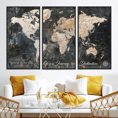 13001721-MGV-CV-36X24-Custom Push Pin World Map Wall Canvas Print – Personalized Travel Tracker with Pins – Framed Large Multi-Size Canvas for Home Office Decor