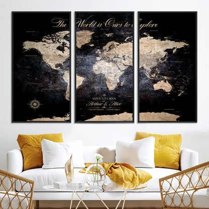 '-Customize Push Pin World Map Wall Canvas Print, Personalized Travel Tracker with Pins, Framed Large Canvas for Home Office Decor - H37