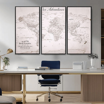 Customize Push Pin World Map Wall Canvas Print – Personalized Travel Map with Foam Pins – Framed Custom Quotie Canvas for Home Office Decor