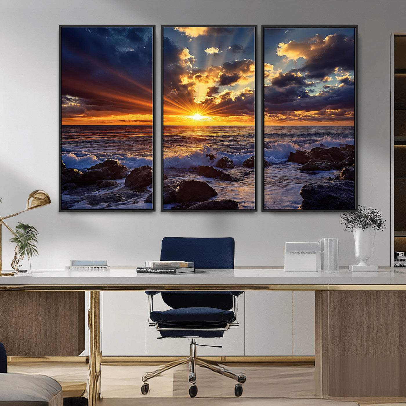 An explosive sunset over the ocean with dramatic clouds and rays of sunlight reflecting off the water, creating a vibrant and captivating view.