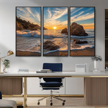 Rocky Ocean Sunset Wall Art Print, Seaside Canvas Wall Art, Dramatic Seascape Canvas Print for Coastal Modern Decor, Ocean Sunset Art Printing