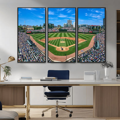 Wrigley Field Baseball Stadium Canvas Wall Art, Packed Crowd Sports Stadium Print, City Skyline Baseball Field Canvas for Game Room Decor