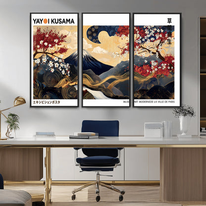An artwork by Yayoi Kusama featuring Mount Fuji, blooming cherry blossoms, and swirling patterns in a harmonious blend of nature and art.