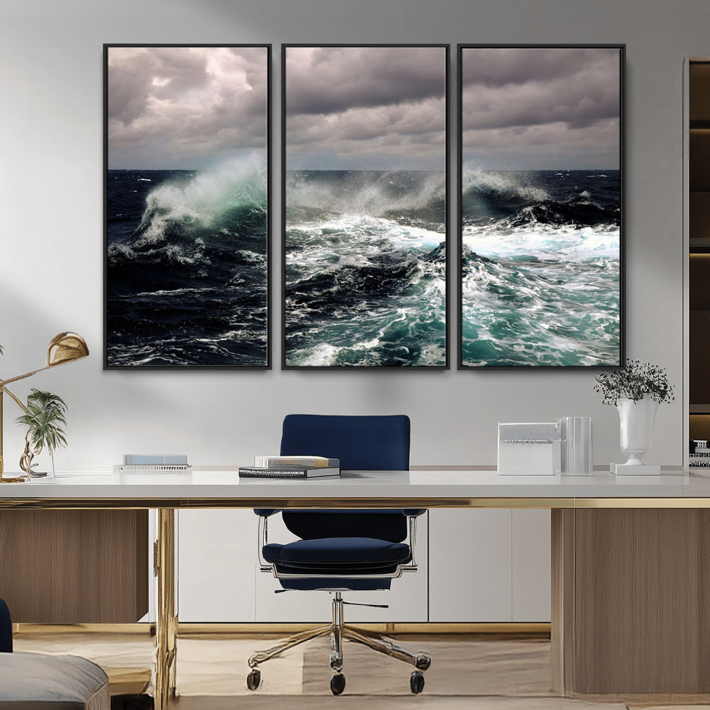 Powerful ocean waves crashing under stormy skies, creating a dynamic and intense seascape.