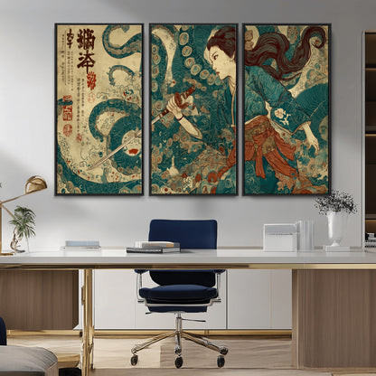 Tsukioka Yoshitoshi Samurai Wall Art Print, Japanese Katana Warrior Canvas Wall Art, Octopus Sea Monster Canvas Print,